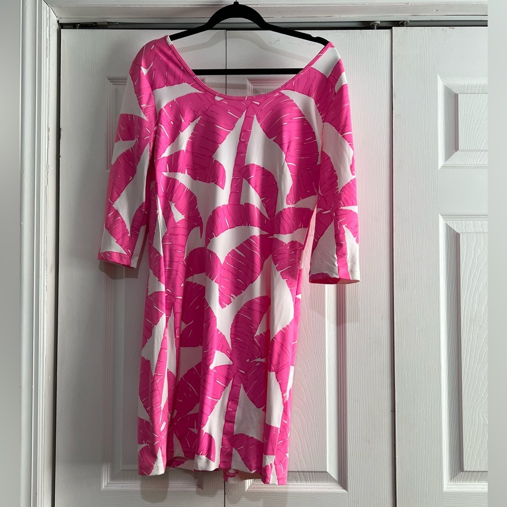 💗🏝️MAHI GOLD Pink and White Palm Dress Large - Picture 2 of 5